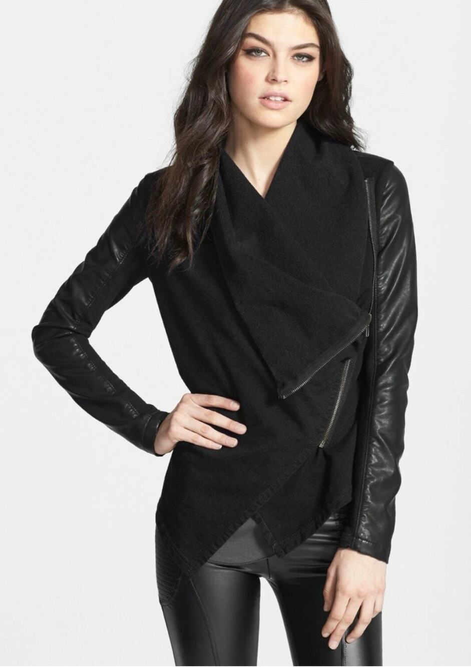 BLANKNYC Private Practice Mixed Media Black Drape Front Asymmetrical Jacket Sz S